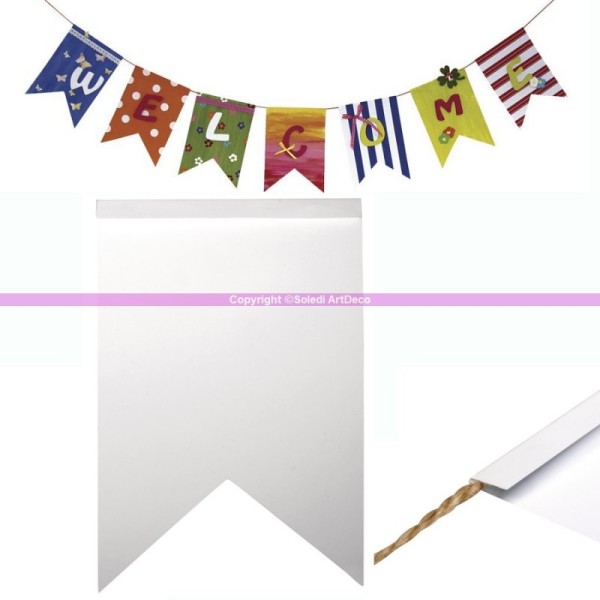 14 fanions en papier rigide blanc Zig-Zag 12x17,5cm, à décorer, à peindre, pour Guirlande de fête - Photo n°1