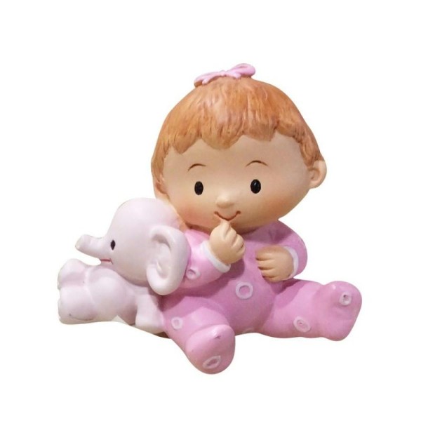 Bébé Fillette avec doudou éléphant rose, 5,5 x 5,2 x 3,6 cm, Petite figurine en résine de décoration - Photo n°1
