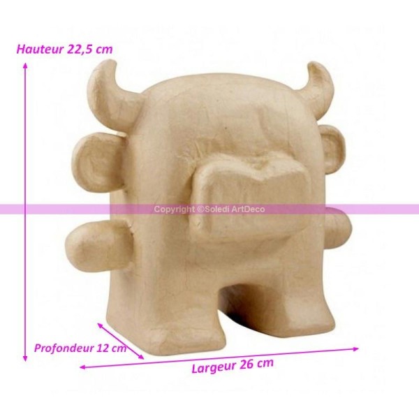 Taureau en papier mâché, Animal à cornes de 22,5x26x12cm, à customiser - Photo n°1