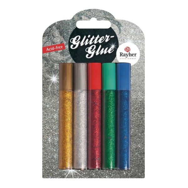 Kit 5 tubes de gels pailletés fin, Glitter glue Couleurs basiques, 5x10 ml, pour scrap et bricolage - Photo n°1