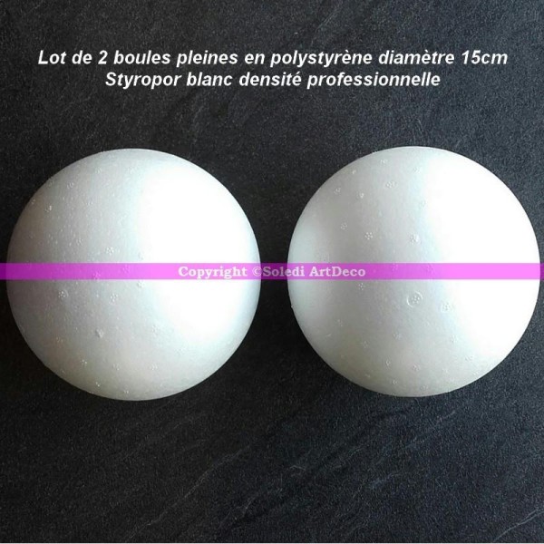 Lot de 2 boules pleines en polystyrène diamètre 15cm, Styropor blanc densité pr - Photo n°1
