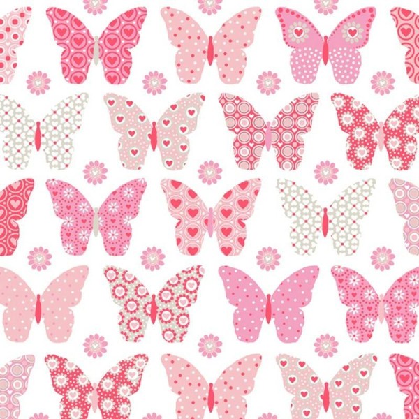 Lot de 20 Serviettes en papier Patchwork de Papillons roses, gris et fleurs, Fond blanc, 33 x 33 cm - Photo n°1