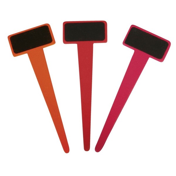 Lot de 6 Mini Ardoises, 12x4cm, sur bâton en bois teinté Rouge, Orange, Rose foncé, étiquettes potag - Photo n°1