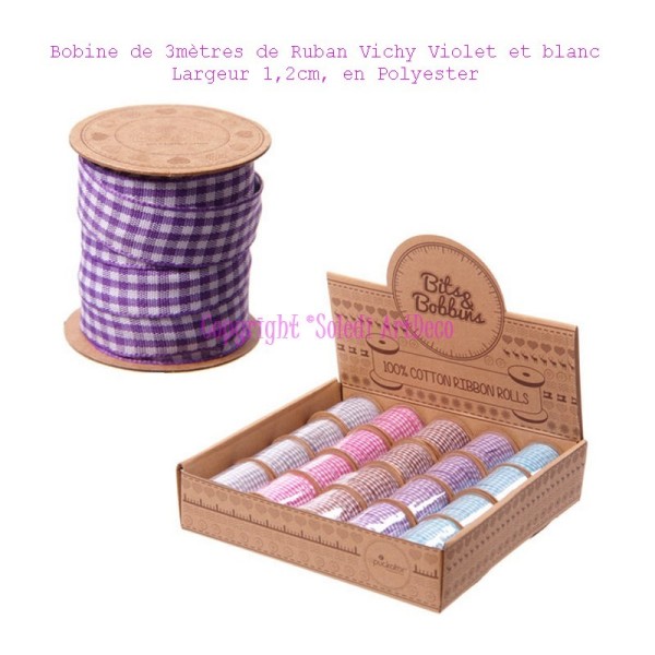 Bobine de 3mètres de Ruban Vichy Violet et blanc, Largeur 1,2cm, en Polyester - Photo n°1