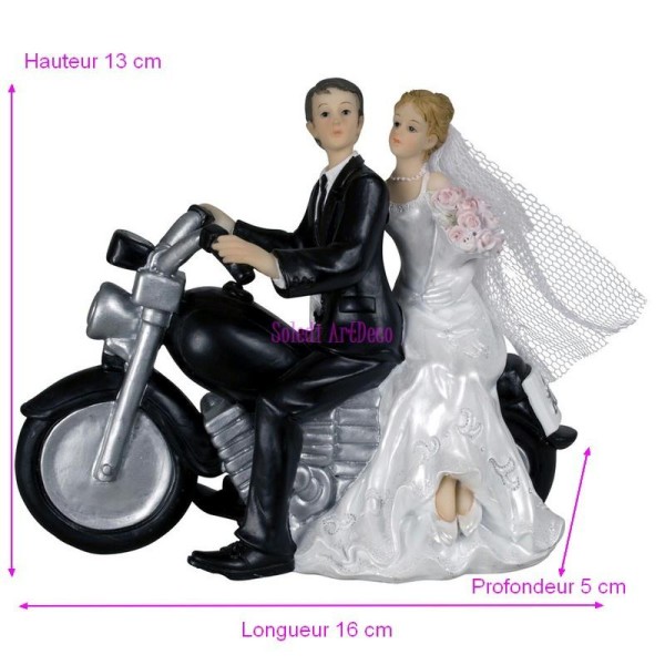 Grand Couple de mariés à moto en résine pour décoration de mariage, Motards 13x13x5cm - Photo n°1