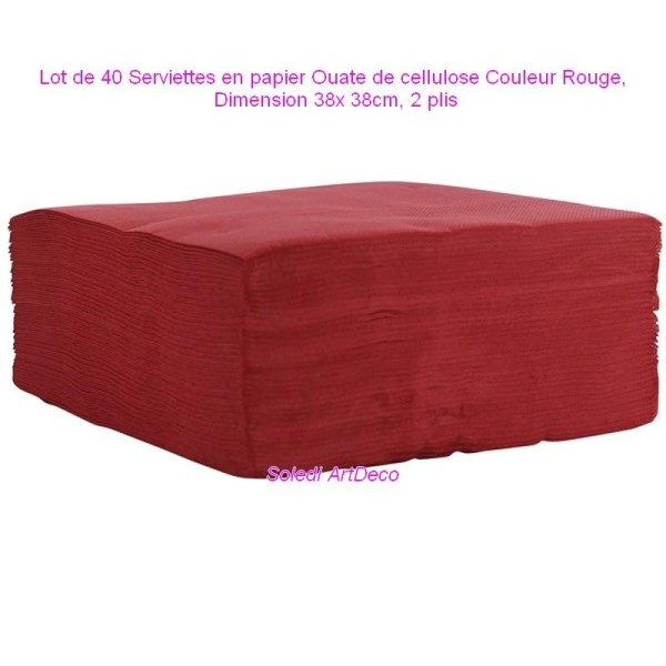 Lot de 40 Serviettes en papier Ouate de cellulose Couleur Rouge, 38x 38cm, 2 plis - Photo n°1