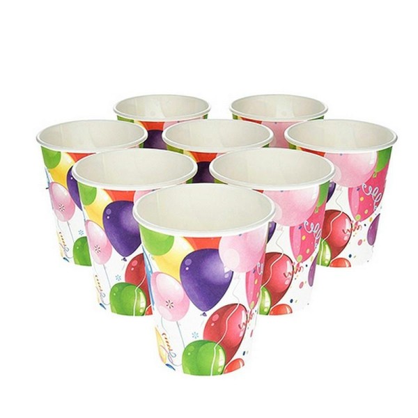 Lot de 8 Gobelets en Carton Motif Ballons colorés gonflables et serpentins, Haut. 9cm, 25cl - Photo n°1
