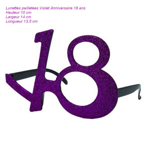 Lunettes pailletées Violet Anniversaire 18 ans ,Hauteur 10cm, Largeur 14cm, Longueur 13,5cm - Photo n°1