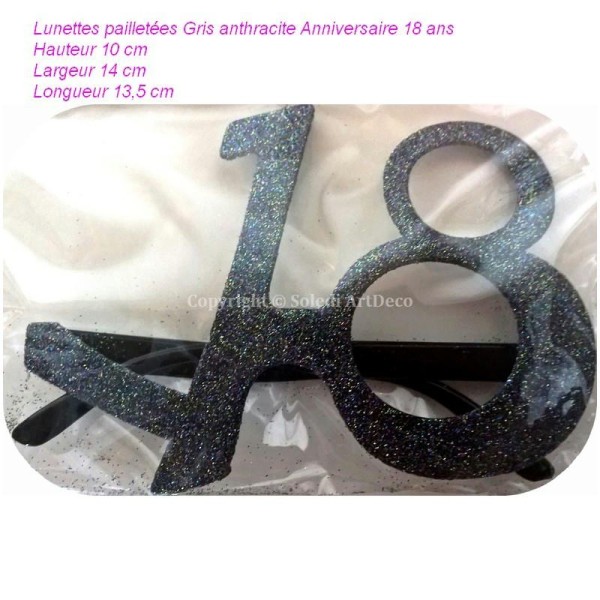 Lunettes pailletées Gris anthracite Anniversaire 18 ans, Hauteur 10cm, Largeur 14cm, Longueur - Photo n°1