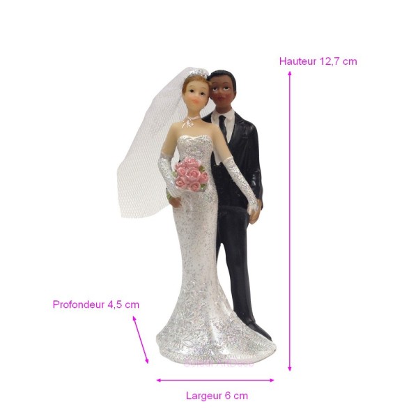 Couple mariés mixte se tenant la main, haut. 12,7 cm, Figurine Femme blanche et homme noir en résine - Photo n°2