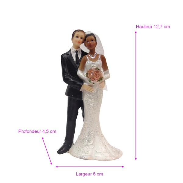 Couple mariés mixte s'enlaçant, haut. 12,7 cm, Figurine Femme noire et homme blanc en résine - Photo n°2