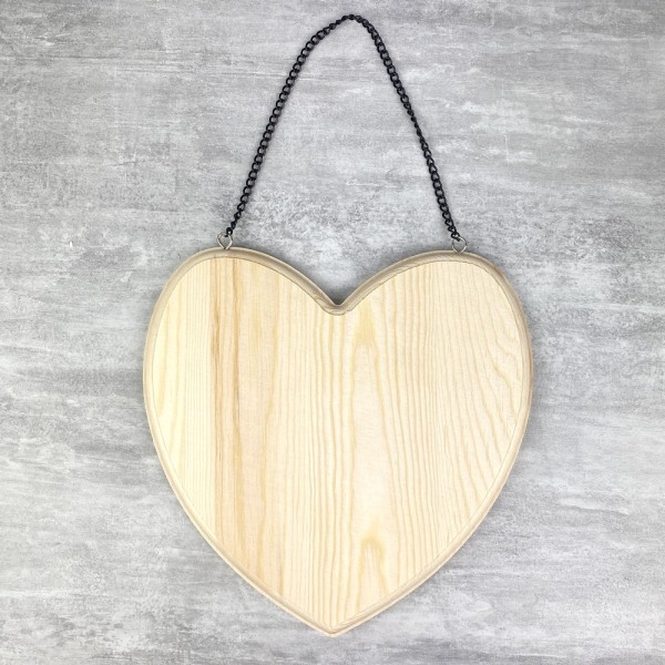 Tablette en bois, forme coeur, à suspendre, 19,5 cm, chainette en métal, à décorer - Photo n°2
