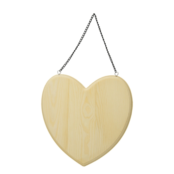 Tablette en bois, forme coeur, à suspendre, 19,5 cm, chainette en métal, à décorer - Photo n°1
