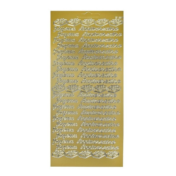 Stickers de contour, Joyeux Anniversaire en écriture et image paquet cadeau doré, Planche 10x23cm - Photo n°1