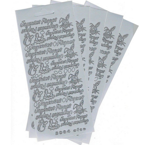 Lot 5 Stickers de contour Joyeuses Pâques écriture et symbole argenté, Planches 10 x 23 cm, autocoll - Photo n°1