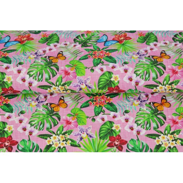 Coupon tissu STENZO popeline de coton - papillons et fleurs sur fond rose - 50x50cm - Photo n°1