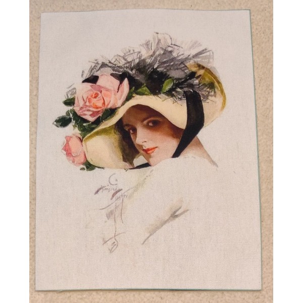 Coupon tissu - femme de profil, élégante , grand chapeau à fleurs - coton épais - 15x20cm - Photo n°1
