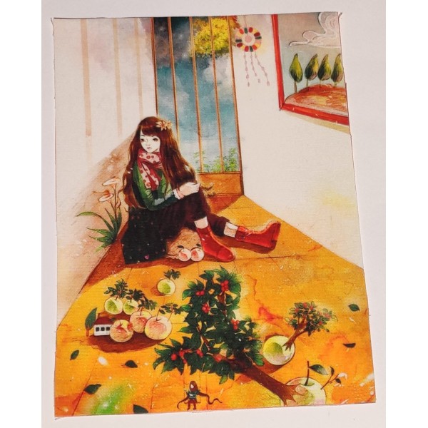 Coupon tissu - fillette assise avec des pommes - coton épais - 15x20cm - Photo n°1