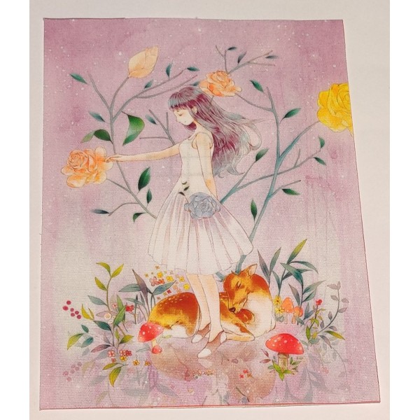 Coupon tissu - fillette avec un cerf et des fleurs - coton épais - 15x20cm - Photo n°1