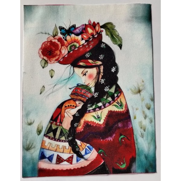 Coupon tissu - fillette avec chapeau à fleurs et enfant  - coton épais - 15x20cm - Photo n°1