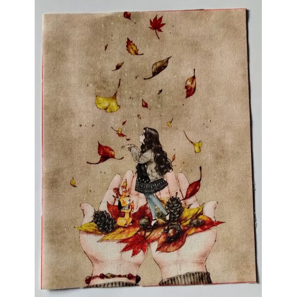Coupon tissu - fillette, chien et feuille d'automne - coton épais - 15x20cm - Photo n°1