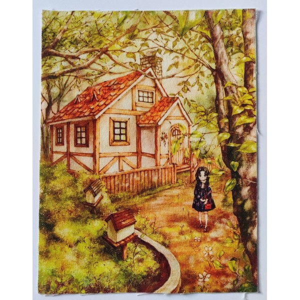 Coupon tissu - fillette sur le chemin d'une maison - coton épais - 15x20cm - Photo n°1