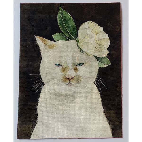 Coupon tissu - chat blanc avec une fleur - coton épais - 15x20cm - Photo n°1