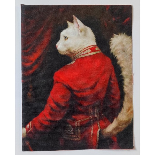 Coupon tissu - chat blanc en tenu rouge - coton épais - 15x20cm - Photo n°1