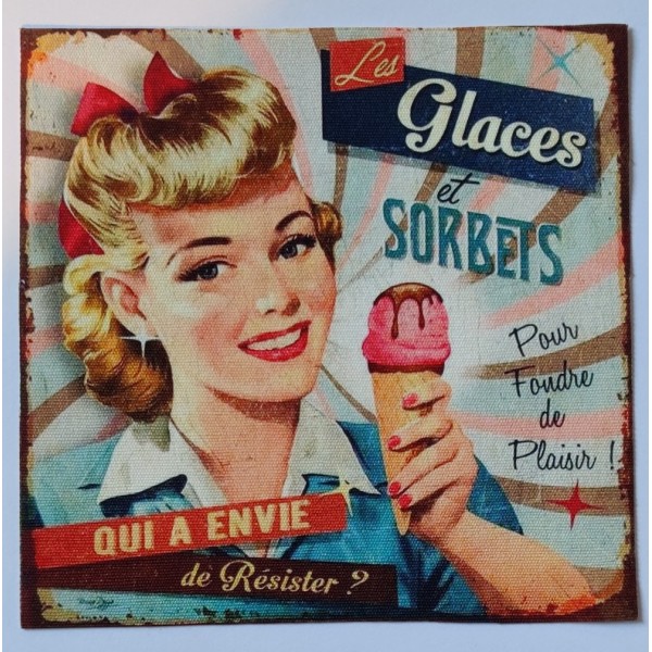 Coupon tissu - publicité pour glaces - style vintage - coton épais - 15x14.5cm - Photo n°1