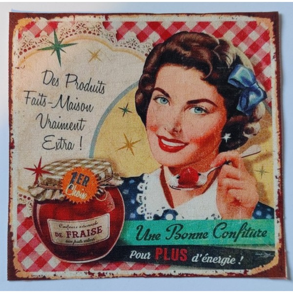 Coupon tissu - publicité pour de la confiture de fraise - style vintage - coton épais - 15x14.5cm - Photo n°1