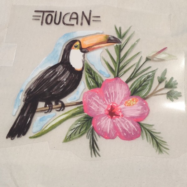 Transfert pour textile toucan et fleur - 13x12cm - Photo n°1