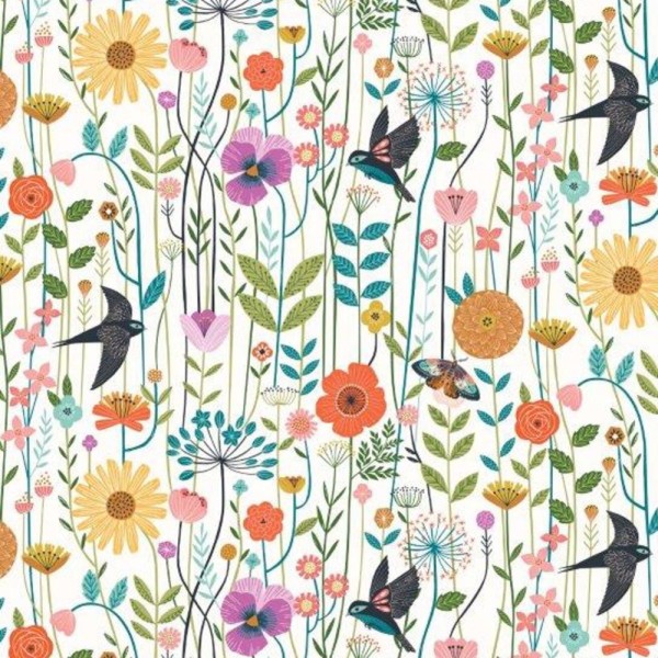 Tissu Dashwood studio - AVIARY - fleurs et oiseaux multicolore fond blanc - coton - 10cm/laize - Photo n°1