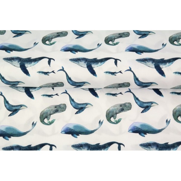 Coupon tissu STENZO popeline de coton - baleines bleues - 50x50cm - Photo n°1