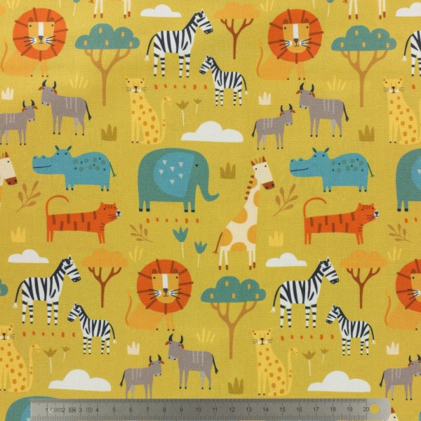 Tissu Dashwood studio - HABITAT - animaux de la savane ( girafe zebre éléphant )- coton - 10cm/laize - Photo n°1