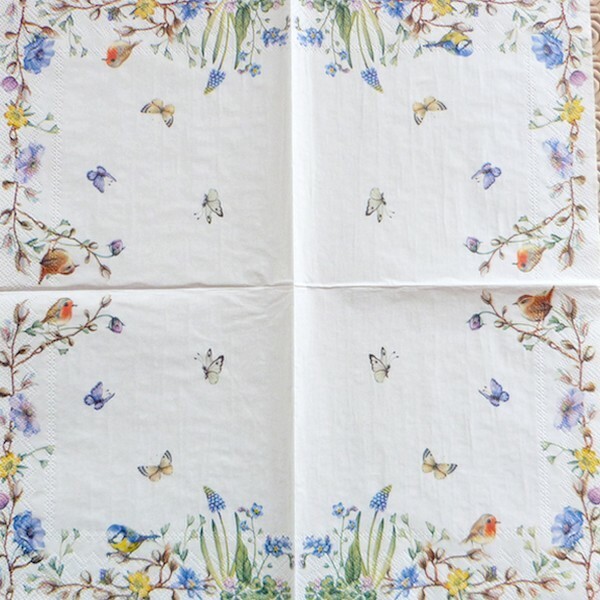 4 serviettes en papier découpage collage 33 cm PETIT OISEAU PAPILLON FLEUR - Photo n°2