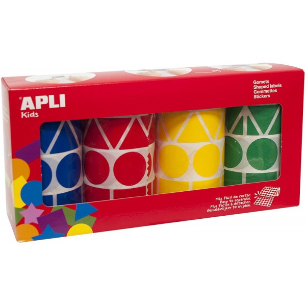 Boîte de 4rouleaux de gommettes géométriques XL - Jaune, bleu, rouge et vert - Apli - Photo n°1