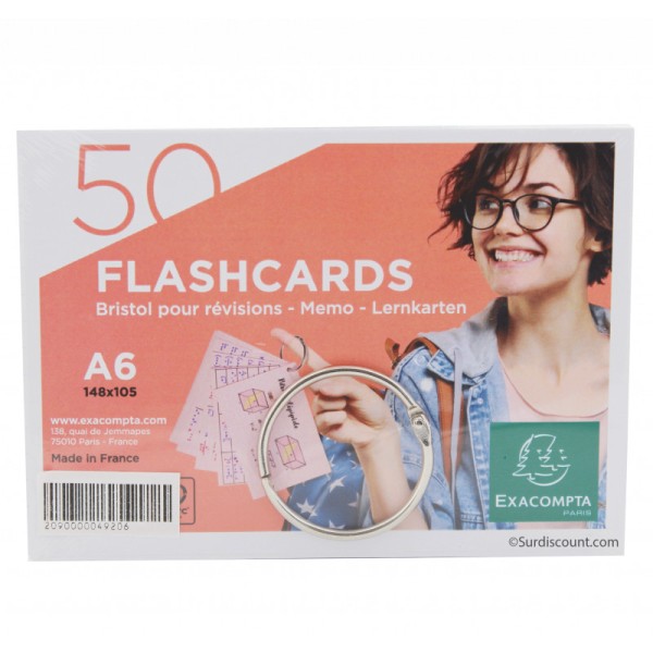 50 Fiches Bristols Blanches - A6 148 X 105 Mm + 1 Anneau Métallique - Flashcards - Exacompta - Photo n°1