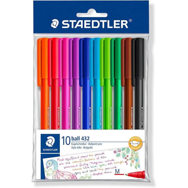 10 stylos à bille - Pointe moyenne - Couleurs assorties - Staedtler Ball 432 - Photo n°1