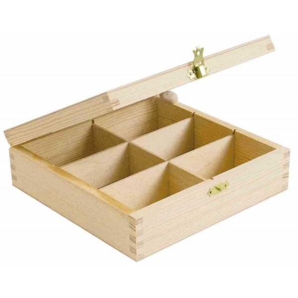 Boîte pour sachets de thé - 6 compartiments - Bois - A décorer - 21x21cm - Photo n°1