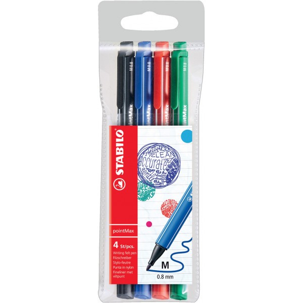 Pochette de 4 stylos-feutres STABILO pointMax - pointe moyenne - coloris classique - Photo n°1