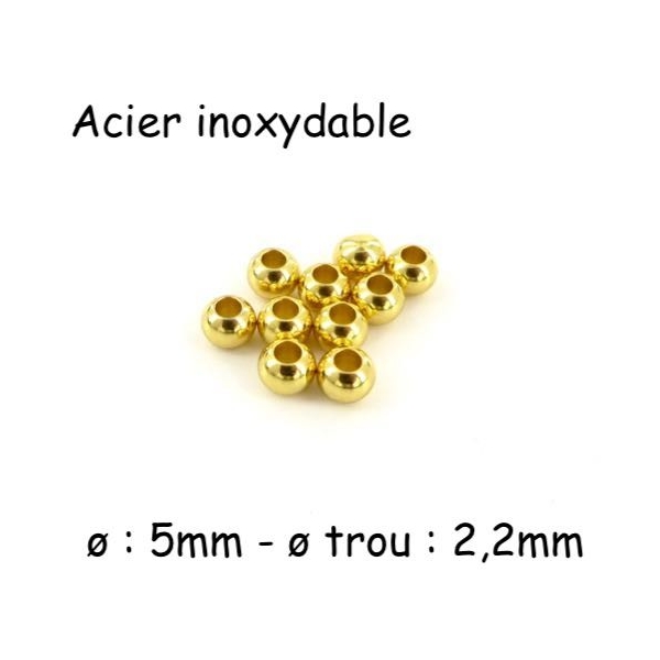 10 Perles Ronde Doré 5mm En Acier Inoxydable, Trou De 2,2mm - Photo n°1