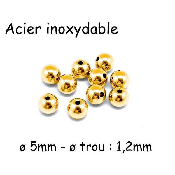 10 Perles Ronde Doré 5mm En Acier Inoxydable Couleur Or, Trou De 1,2mm - Photo n°1