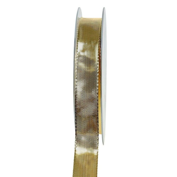 Ruban lamé doré de 1,5 cm de large, bords armés laitonnés, Rouleau de 25 mètres - Photo n°1
