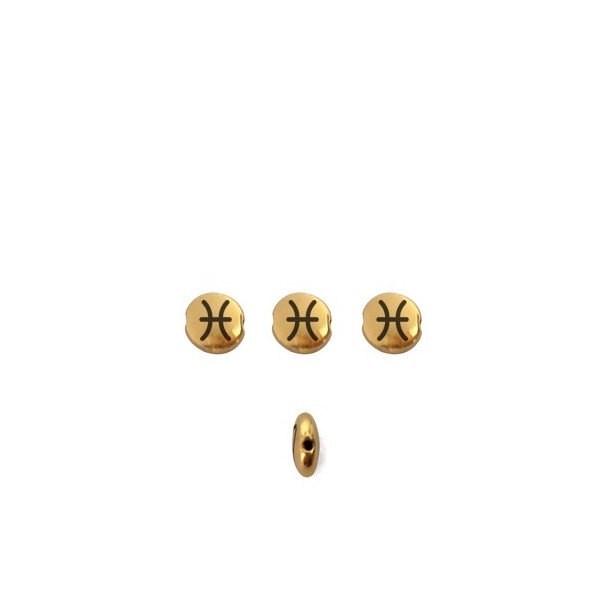 Perle ronde aplatie gravé signe astrologique Poissons métal doré 8mm tr1.1mm - Photo n°1