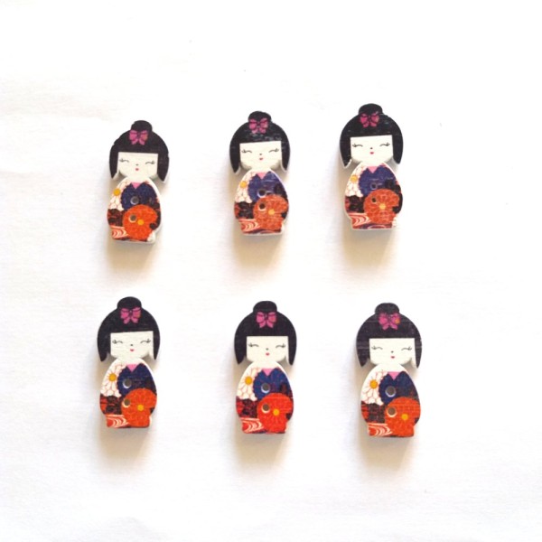 6 Boutons en bois - poupée geisha orange / violet - 15x30mm - f8 - Photo n°1