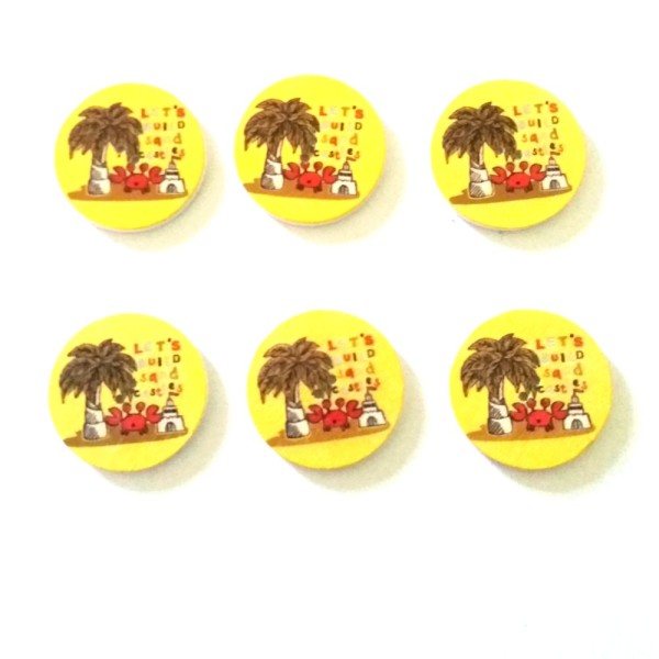 6 Boutons en bois - fond jaune et palmier marron - 32mm - Photo n°1