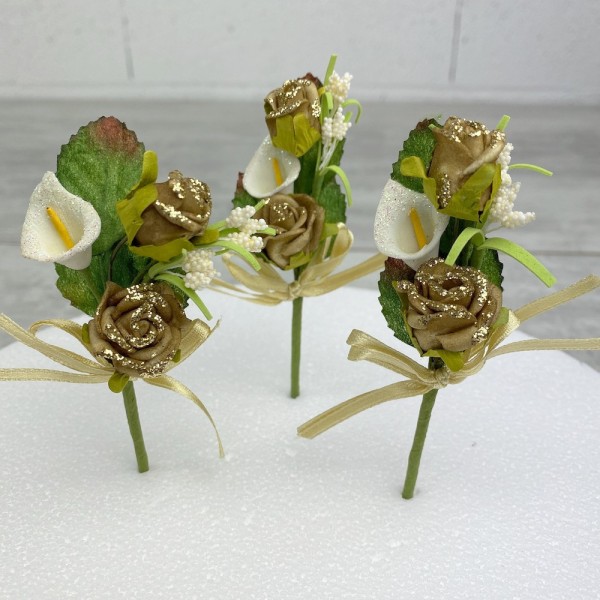 Lot de 3 petits Bouquets artificiel Roses et lys, haut. 10 cm, fleurs en mousse sur tiges - Photo n°2