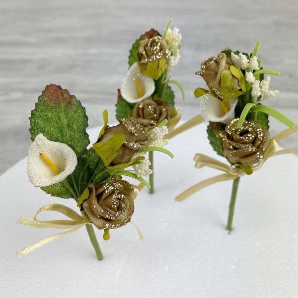Lot de 3 petits Bouquets artificiel Roses et lys, haut. 10 cm, fleurs en mousse sur tiges - Photo n°3