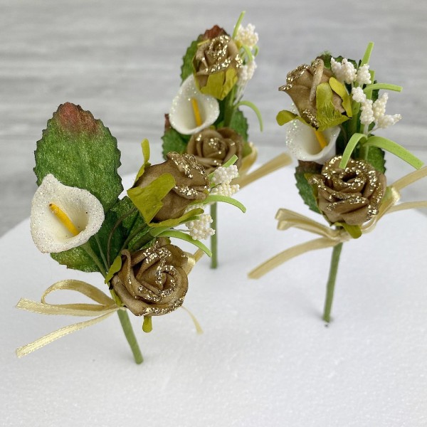 Lot de 3 petits Bouquets artificiel Roses et lys, haut. 10 cm, fleurs en mousse sur tiges - Photo n°1