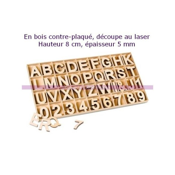 Chiffres et lettres alphabet Bois contre-plaqué, haut. 8 cm x ép 5 mm, Complet - Photo n°1